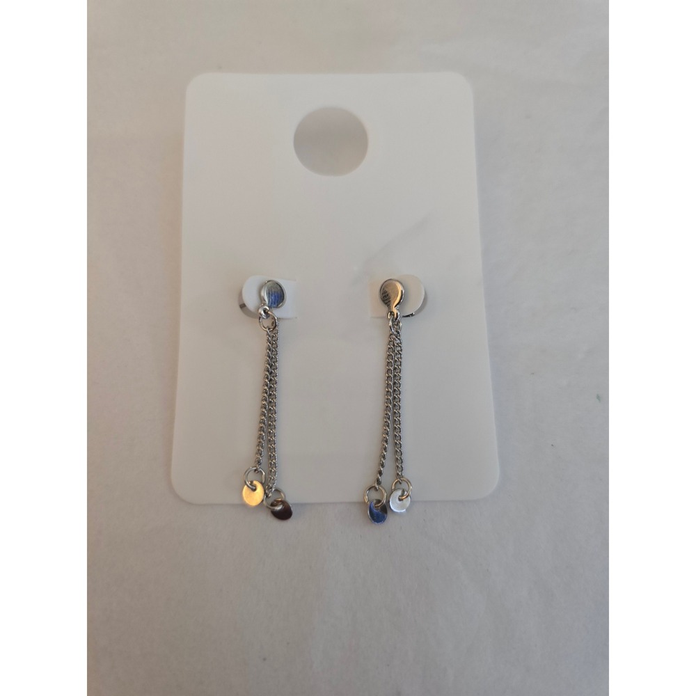 Silver Double Chain Drop Earrings with Disc Charms Minimalist Dangle